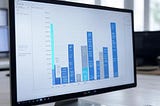 A computer monitor displays dynamic charts with bar graphs in shades of blue and teal, illustrating a decline in website traffic. The charts are part of an analysis for “Website Traffic Down? 10 Reasons Why & How to Fix It in 2025,” set in a modern office environment with a blurred background of windows and desks