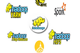 Logos of some common components of the Hadoop Ecosystem. Hive, Spark, HDFS, Ambari, MapReduce, YARN