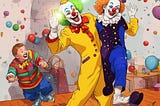 Two clowns dancing and smiling with one kid looking behind them. They all wear multi-color clothes and balloons float in the room.