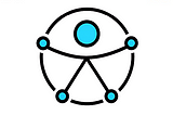 Um círculo preto sem preenchimento junto com um desenho que se assemelha a uma pessoa de braços abertos. Nas extremidades das linhas que formam os braços e as pernas há círculos azuis e uma representação da cabeça também nesse mesmo estilo.