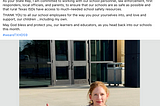 Image is a screenshot. The picture is of a red-headed white woman squatting next to a sign outside of a school. The sign reads, “ATTENTION-Please be aware that the staff at Stephenville ISD are armed, and may use whatever force is necessary to protect our students and staff. “ The text of the post is given at the end of this essay, as it won’t fit here.