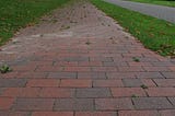 looking down a sidewalk made of brick pavers, sporadically between some of the bricks on the path you see green weeds, or actually purslane, growing.