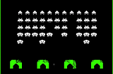 old video game screen with just black, white, and green colors showing a spaceship shooting at aliens