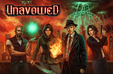 The poster image for the game Unavowed. A line up of four people with magic and weapons in front of a New York skyline.