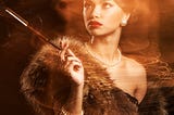 A glamorous woman in vintage attire holds a cigarette holder, exuding elegance against a warm, swirling background.