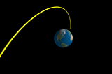 An object moving under the gravitational influence of the Earth created with VPython. The image shows a 3d earth with a yellow ball moving away in a curve and leaving a trail