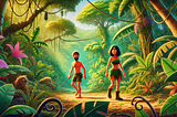 Two “Naked and Afraid” contestants walking through the jungle in cartoon style