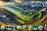 A dramatic landscape depicting high elevation regions with diverse climates. The scene features a mountain range with snow-capped peaks, lush green valleys, and varying vegetation zones. Lower dry areas transition to higher cool regions, showcasing biodiversity with wildlife such as deer and birds. Temperature symbols and climate diversity indicators subtly highlight the scientific context, illustrating the contrast between warmer low elevations and cooler high elevations.