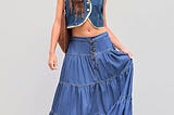 Women’s Long Jean Denim Tiered Button Down High Waisted Maxi Skirts