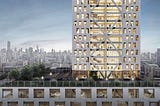 Architectural rendering shows the exterior of a tall timber building. A city skyline is in the background.