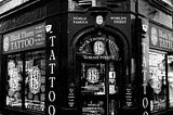 Black and white photo of the Black Thorn Tattoo shop in Edinburgh