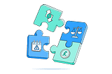An illustration of a jigsaw puzzle with four pieces — each piece has a symbol relating to finance.