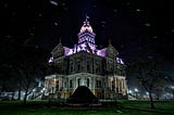 The Licking County Courthouse in a show shower.