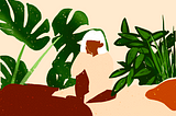 Illustration of girl sitting on a bed, surrounded by plants