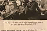 Photo of Google founders, Larry Page and Sergey Brin at Google’s birthplace, the garage at Menlo Park, 1999.