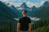 Marcos Rezende, stands with his back to the camera, wearing a black t-shirt and his hair tied in a bun, gazing at a dramatic mountain range with snow-capped peaks. Below, a deep Canadian valley covered in pine forest is partially veiled by low-hanging clouds, with a turquoise lake emerging in the distance. The scene captures a moment of intentional pause and reflection, symbolizing clarity, systemic thinking, and the power of slowing down to see what truly matters before rushing into action.