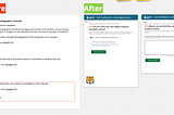 A before and after showing how the digital outputs question used to be asked as Material from our project is available online and how it’s asked in the new design. The new design breaks the question into 2 steps — step 1 asks if they have created digital outputs and if they say yes, they go to step 2. Step 2 gives an input box asking for a brief description of the digital outputs and website links.