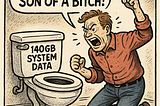 A hand-drawn political cartoon of a man kneeling in front of a toilet labeled “140GB SYSTEM DATA.” He’s red-faced, yelling with clenched fists raised, and a large speech bubble above him says: “FINALLY, YOU SON OF A BITCH!” The style is vintage editorial cartooning with bold black outlines and muted colors, satirizing the struggle of clearing Mac storage.