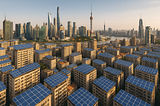ChatGPT generated panoramic aerial image of a major Chinese city skyline filled with rooftop solar installations