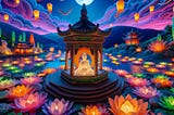 colorful night illustration with a Buda at the center and lotto flowers around it