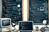 Illustration comparing Objective-C and Swift programming languages. The left side shows Objective-C with a chalkboard background, old desktop computer, and verbose code. The right side shows Swift with a whiteboard background, sleek MacBook, and concise code.