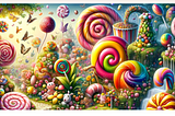 AI generated image of a rainbow lollipop garden as generated by Willy Wonka