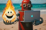 Robot coding on a beach holding a friendly flame and a laptop