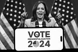 This is a black and white photograph of Vice President Harris holding a sign reading “Vote 2024” and standing in front of two American flags.
