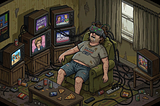 A slob in dirty shorts and t-shirt sitting on an easy chair in a tiny, dirty living room surrounded by television sets all wired directly into his brain. His head is back on the headrest, he’s drooling, with his arms slumped over the armrests.
