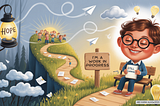 An illustrated boy with glasses sits on a bench smiling peacefully while holding a book titled “Still Earning.” A sign next to him reads “I’m a work in progress.” The winding path behind him is strewn with paper sheets, leading toward a bright field of joyful children under the sun. The path starts in a dark forest lit by a lantern labeled “HOPE,” transitioning into light. Paper planes fly across the sky, symbolizing ideas and growth. Light bulbs float above the boy’s head, representing inspirat