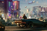Cityscape of Cyberpunk’s Night City. Main character leans on car while planes fly overhead.