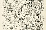 Lined lithograph by George Grosz, part of a series published in 1923. It shows various military men, businessmen and official going about their business in ignorance of the suffering around them