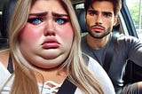 A couple in the car. The woman is fat and has a sad expression, and the man is more chiseled, slender, and serious.