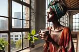 Attractive woman sitting at window in an industrial warehouse apartment