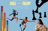 Light blue background, silhouette of fingers holding chess pieces in upper right hand corner, asian woman playing flute in lower right, young boy skateboarding in lower center, black female running with knees high left of skateboarder, paint brushes with paint on far left. Words at top: WRITING PROMPT #34: What is a new skill or talent you would like to learn this year?