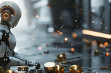 AI-powered robot managing finances, surrounded by coins and sparks, representing intelligent budgeting and overspending prevention