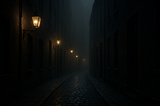 A foggy, deserted narrow alley at night, flanked by tall, dark brick buildings. The cobblestone path glistens under the soft, warm glow of vintage street lamps mounted on the walls. The alley fades into dense fog in the distance, creating a mysterious and eerie atmosphere.
