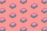 A pattern made up of an icon of two books on top of each other. The top book has a pink cover and the bottom book has a light blue cover. The piles of books are on a reddy-pink colour background.