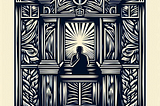 A block print image of a man sitting in a confessional booth.