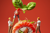 Three workers picking a sushi, bright studio light, red background, minimalist, miniature food photography, soft color blending