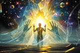Silhouetted figure breaking through a crystalline veil into a cosmic realm of light and geometric patterns.