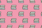 A pattern made up of a repeated icon of two books on top of each other. The top book has a bright green cover, the middle book has an orange cover and the bottom book has a teal cover. The piles of books are on a pink background.