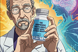 An anime depiction of an older man holding (with both hands) a bottle of sleeping pills.