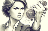 Pencil sketch of a focused female government official in a suit, tightly gripping cryptocurrency symbols.