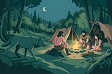 Illustrated nighttime forest scene showing three prehistoric people sitting around a campfire between two simple tents, while a lone wolf quietly approaches from the shadows on the left under a crescent moon and starry sky.