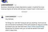 A pleasant surprise: Liam Darmody’s LinkedIn invitation to connect and his response