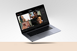 Mockup image of TimeStream Design on floating MacBook laptop