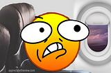 A stressed-out and exhausted emoji looks out an airplane window.