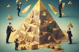 A pyramid of gold and coins explored by people.