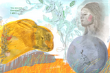 A pencil drawing of a rabbit looking at a small globe while a woman’s head above the globe looks at the rabbit. The rabbit is colored autumn yellow while the globe and woman are in gray tones.